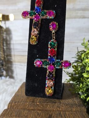 Colorful Oversize Multistone Cross Dangle Earrings